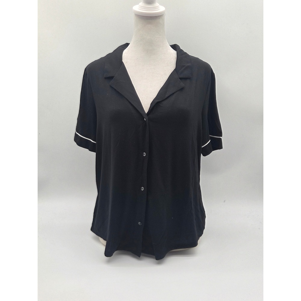 GapBody Women's XS Black Button Front Pajama Sleep Shirt White Piping 101-695